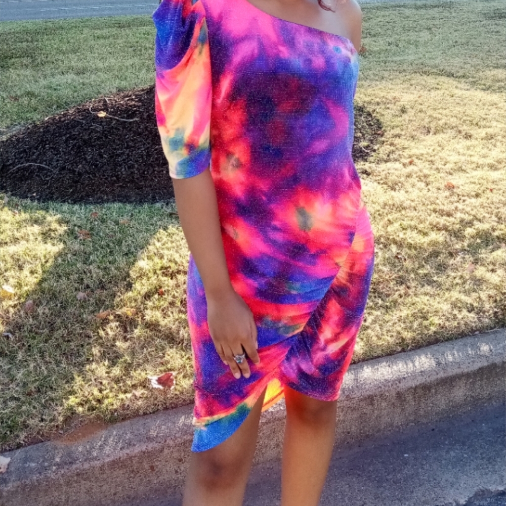 Shimmery One Shoulder Tie Dye Dress